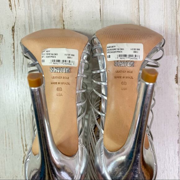 Schutz Margaery Metallic Strappy Sandal Womens Size 6B Silver Stiletto Caged - Picture 10 of 14